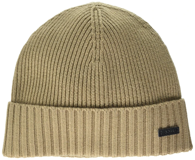 BOSS Men's Fati Ribbed Knit Hat Beanie, Medium Flax Seed, One Size