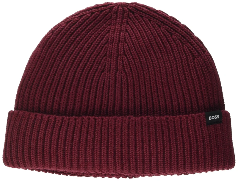 BOSS Men's Ribbed Fisherman Style Beanie Hat, Black Cherry, One Size