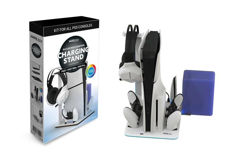 Maxx Tech PS5 Slim Charging Stand Konsolenhalterung – LED-Beleuchtung - Controller-Aufladung – Kühlung - Aufbewahrung - Image 1