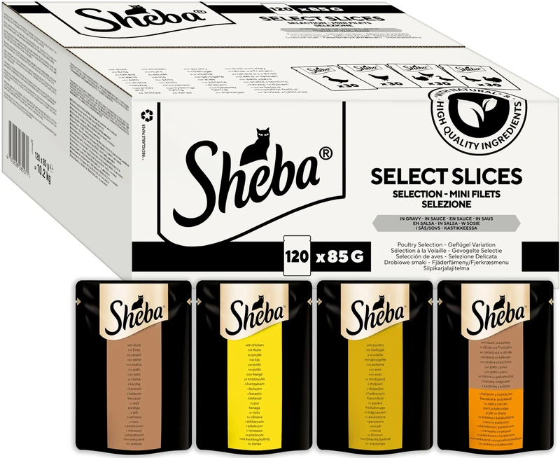 Sheba Select Slices Cat Food Pouch for Adult Cats with Duck, Turkey, Chicken and Poultry in Gravy 120x85g