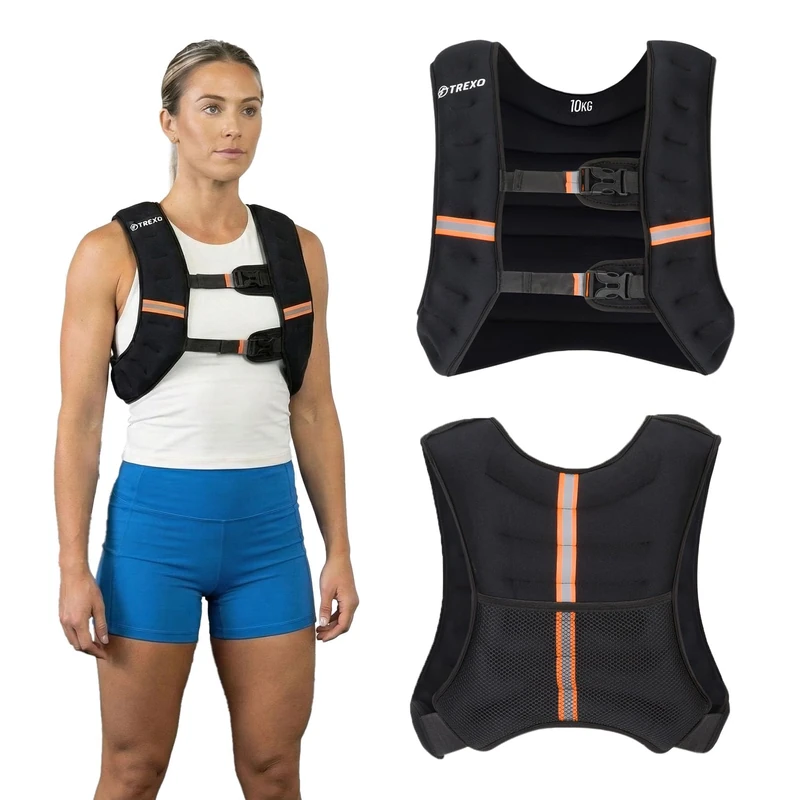 TREXO Weighted Training Vest 10 kg Fill Steel Balls Universal Size Reflective Straps Weighted Running Strength Training Black WV-10