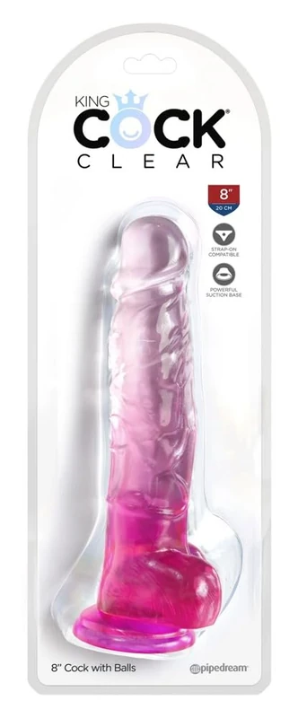 King Cock Clear 8" with Balls - Pink Clear/Pink 8 Inch