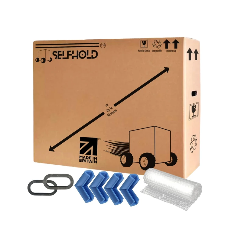 SelfHold TV Box Kit for Moving House with Foam Corners & Bubble Wrap & Easy Grip Hand Holds - Available Size 22 inch to 85 inch - Double Wall Solid Cardboard TV Box (85 Inch) - Image 1