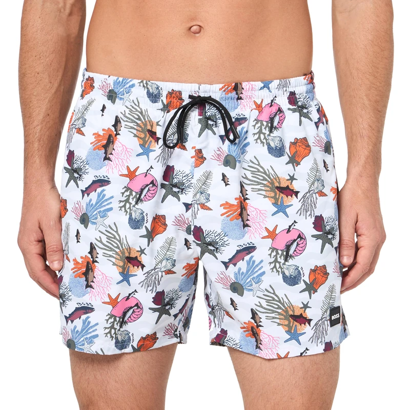 BOSS Men's Piranha Swim Trunks, Bright Orange Sea Life, XXL