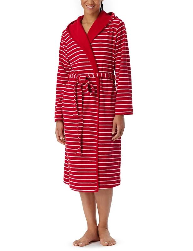 Schiesser Women's Hooded Terry Towelling Bathrobe 110 cm Length Cotton Patterned, Red_181535, S