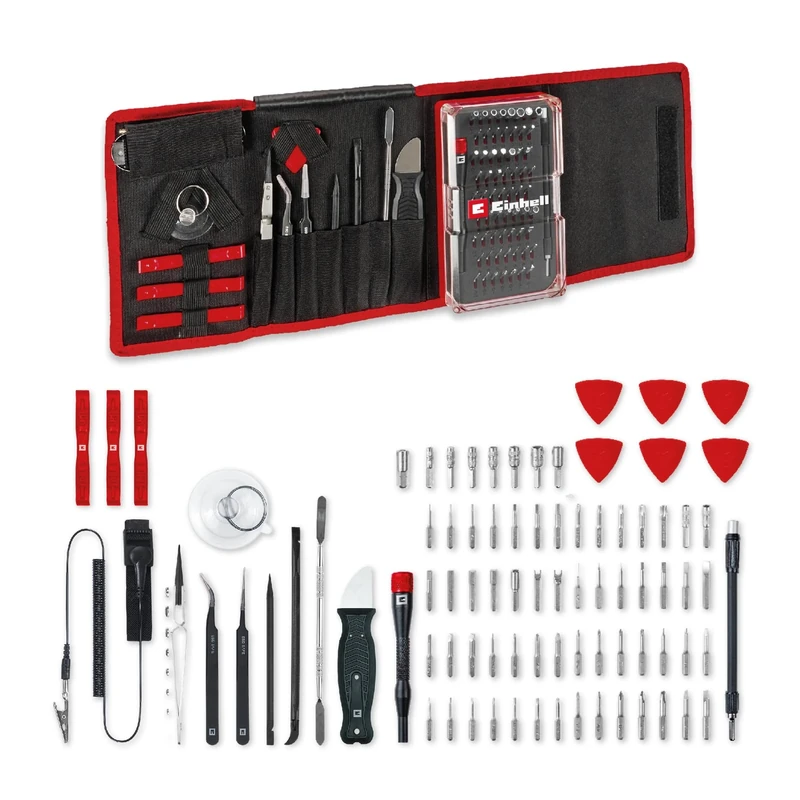 Original Einhell 84-piece precision and electronics repair set (precision bits and sockets, screwdriver bit holder, flexible shaft extension, earthing strap, spudger)