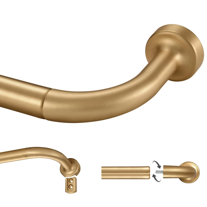 Lwiiom Warm Gold Curtain Rod for Windows 28 to 120 Inch, Internal Splicing 1 Inch Diameter Disc, Adjustable Room Darkening Curtain Rod with Aluminum Finials and Brackets, Wrap Around Design