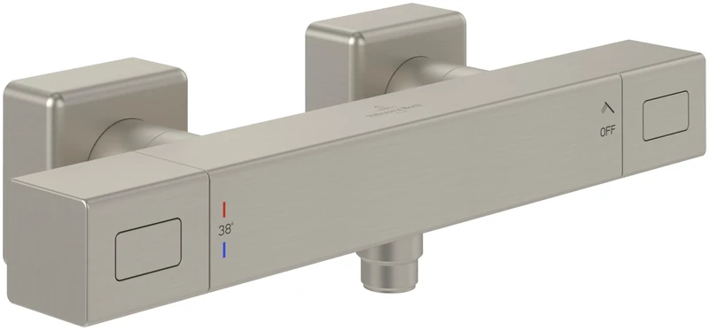 Villeroy & Boch Universal Taps & Fittings Shower Thermostat, Shower Tap with Scald Protection, Exposed Shower Mixer Tap, Rectangular, Matt Brushed Nickel Plated