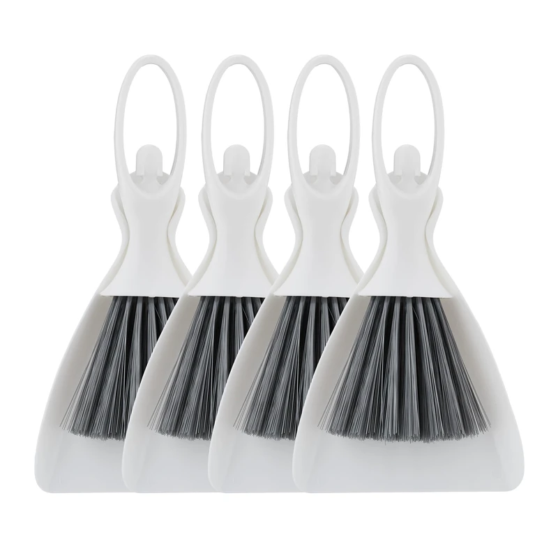 Relaxdays Mini Dustpan and Brush, Set of 4, Dancer Design, Tabletop Broom, Hang Up with Handle, Camping, White/Grey, 4 x 13 x 25 cm