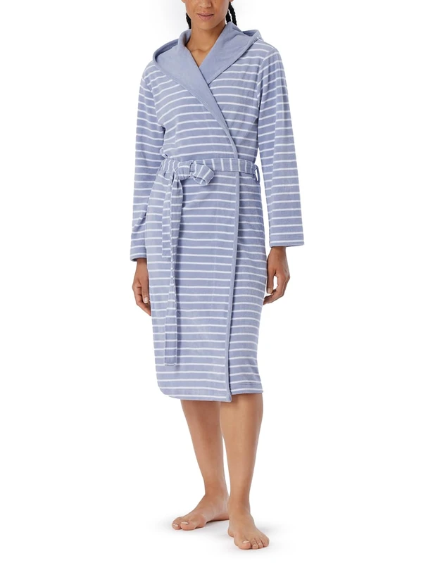 Schiesser Women's Hooded Terry Towelling Bathrobe 110 cm Length Cotton Patterned, Grey 181535, XL