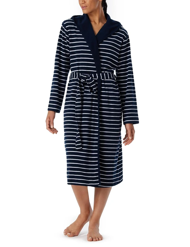 Schiesser Women's Hooded Terry Towelling Bathrobe 110 cm Length Cotton Patterned, navy_181535, S