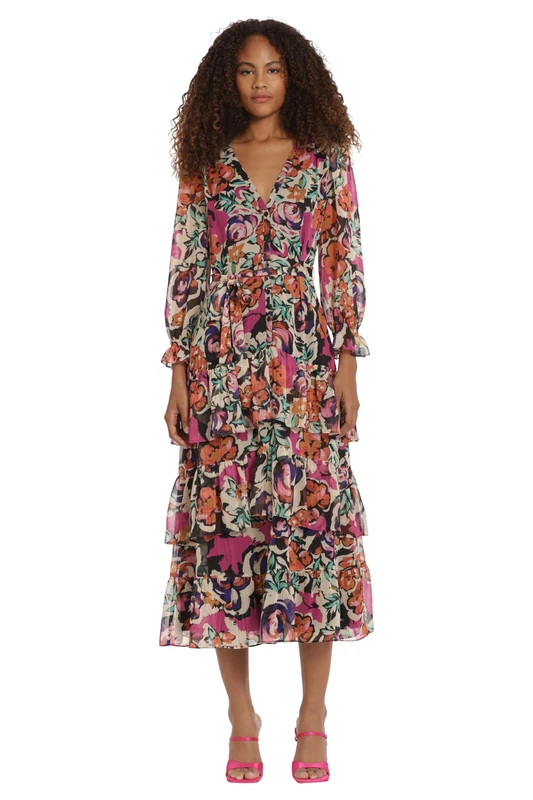 Donna Morgan Women's V-Neck Tiered Skirt Maxi Day Dress Event Party Night Out Guest of Casual, Cream/Hot Pink, 14