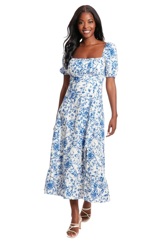 London Times Women's Dresses Square Neck Smocked Back Linen Blend Flattering Versatile Spring Summer Garden Party, Ivory/Navy, 16