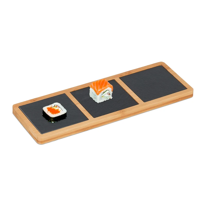Relaxdays Board with Slate Plates, for Serving Appetizers, HWD: 1.5 x 34 x 12 cm, Bamboo, Natural/Anthracite