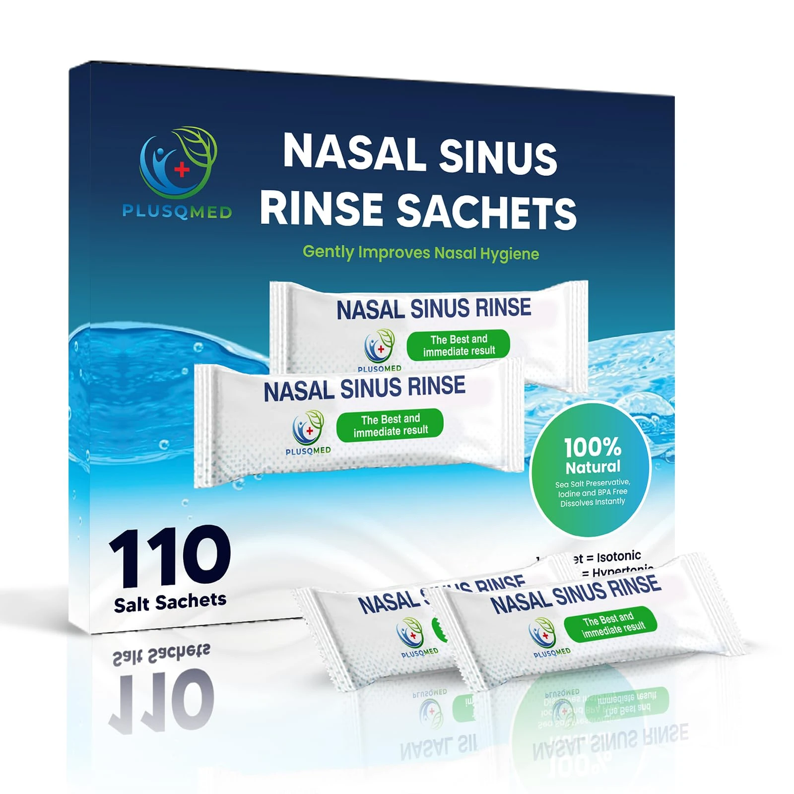 Sinus Rinse Sachets-110 Pre-Measured Packets for Neti Pot and Squeeze Bottle-100% Natural Sea Salt Istonic Formula,Drug-Free Nasal Irrigation,Sinus Congestion Relief-PLUSQMED