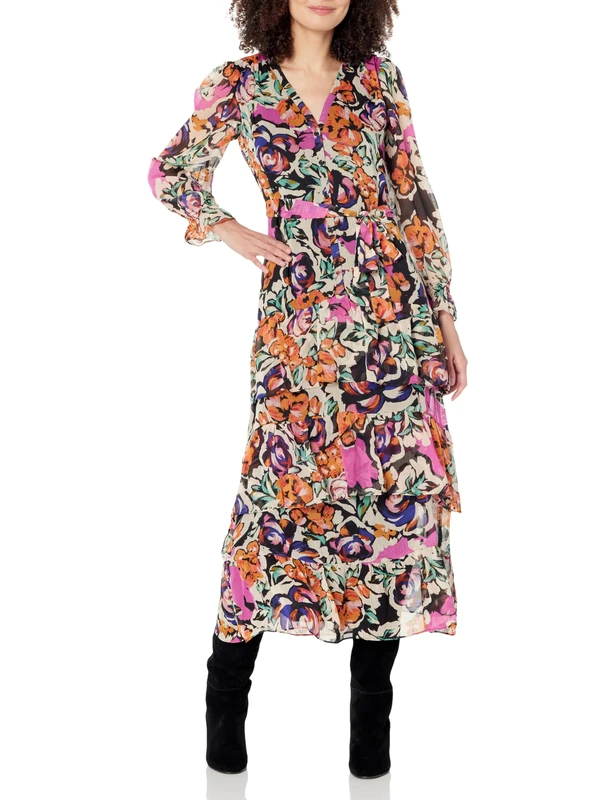 Donna Morgan Women's V-Neck Tiered Skirt Maxi Day Dress Event Party Night Out Guest of Casual, Cream/Hot Pink, 18