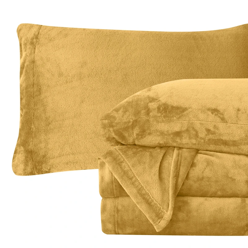 Elegant Comfort Luxuriously Soft 4-Piece Velvet Plush Flannel Sheet Set - Premium Quality - Cozy Warm, Anti-Static, Non Pilling Fuzzy Velvet Flannel Fleece Deep Pocket Sheet Set - Cal King, Gold