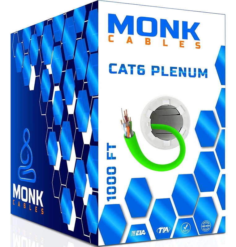MONK CABLES | CAT6 Plenum Cable 1000ft | UTP, 23AWG, 550MHz | DSX-8000 Certified | Most Certified Cable of The Whole Market (Green)