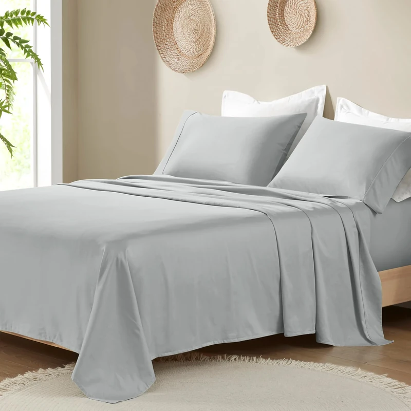Madison Park Organic Cotton Sheet Soft & Breathable 300TC Cotton Sheets, Elastic Deep Pocket Sheet Set Fits Up to 18" Mattress, All Seasons, Lightweight, 100% Cotton Bed Sheets, Queen Grey 4 Piece