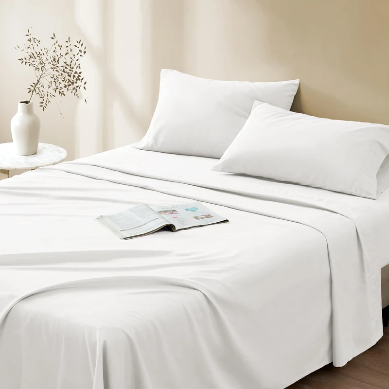 Comfort Spaces 100% Cotton Sheet Set Breathable, Lightweight, Soft with 14" Elastic Pocket Fits up to 16" Mattress, All Season Cozy Bedding, Matching Pillow Case, Queen White 4 Piece