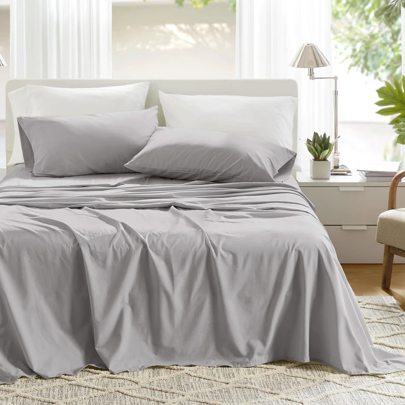 Comfort Spaces 100% Cotton Sheet Set Breathable, Lightweight, Soft with 14" Elastic Pocket Fits up to 16" Mattress, All Season Cozy Bedding, Matching Pillow Case, King Grey 4 Piece