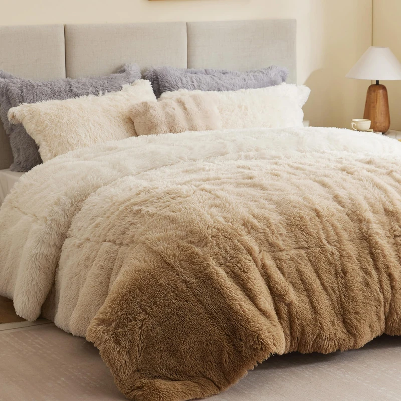 Intelligent Design Long Shaggy Faux Fur Comforter Set, Soft Plush Reverse, Chic Ombre Design Twin Size Comforter Sets, All Season Bedding Set, Matching Sham, Brielle, Twin/Twin XL(66"x90") Natural