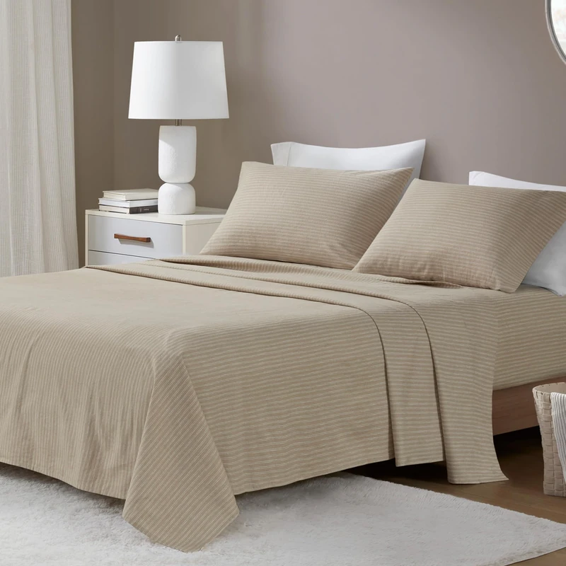 Beautyrest Sheet Cozy & Breathable Cotton Flannel Sheets, Elastic Deep Pocket Sheet Set Fits Up to 18" Mattress, All Season, Lightweight, Warm Cotton Bed Sheets, Cal King Beige/White Stripes 4 Piece