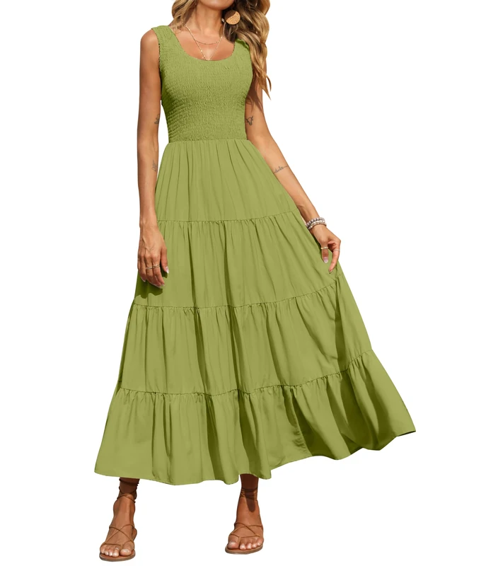 PRETTYGARDEN Women's 2025 Casual Loose Plain Maxi Sundress Smocked Tank Dress Sleeveless Summer Beach Tiered Long Dresses, Light Green, S