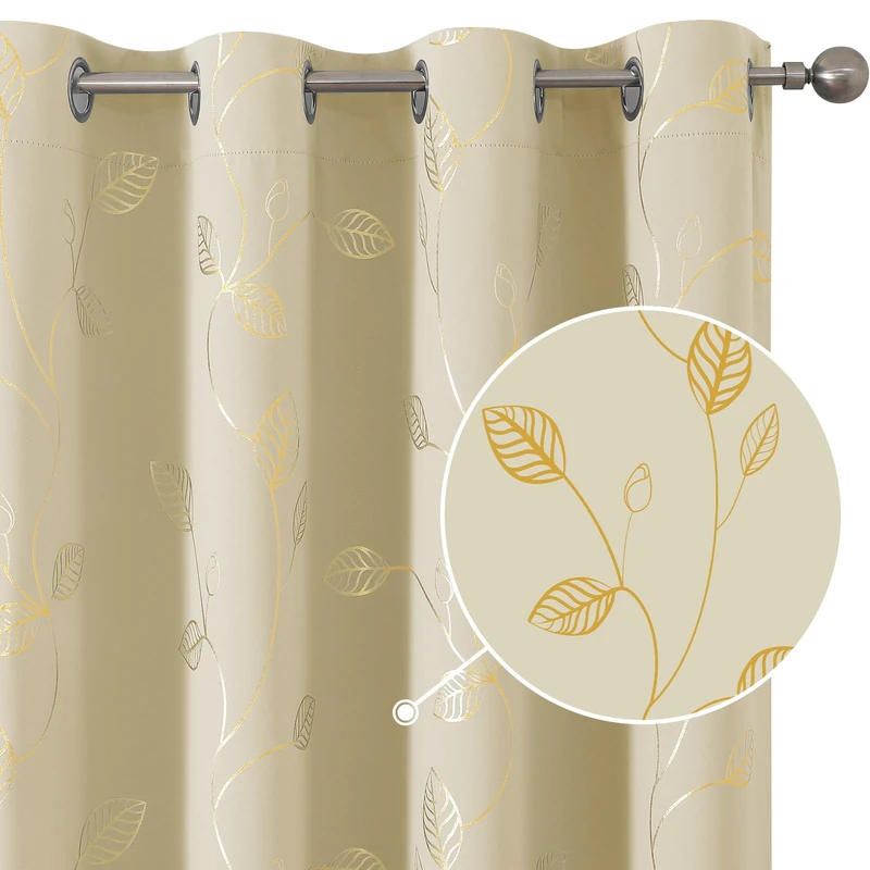 BUHUA Heat Blocking Curtains, Black Out Curtains 95 Inch Long 2 Panels Burg, Soundproof Curtains with Gold Leaf Printed (52 x 95 Inch, Beige, Set of 2 Panels)