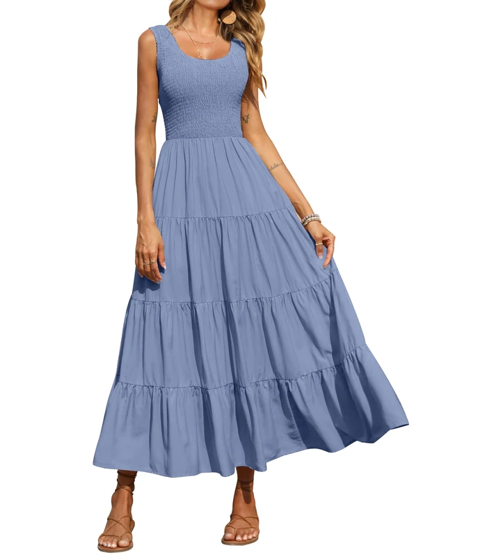 PRETTYGARDEN Women's 2025 Casual Loose Plain Maxi Sundress Smocked Tank Dress Sleeveless Summer Beach Tiered Long Dresses, Grey Blue, M