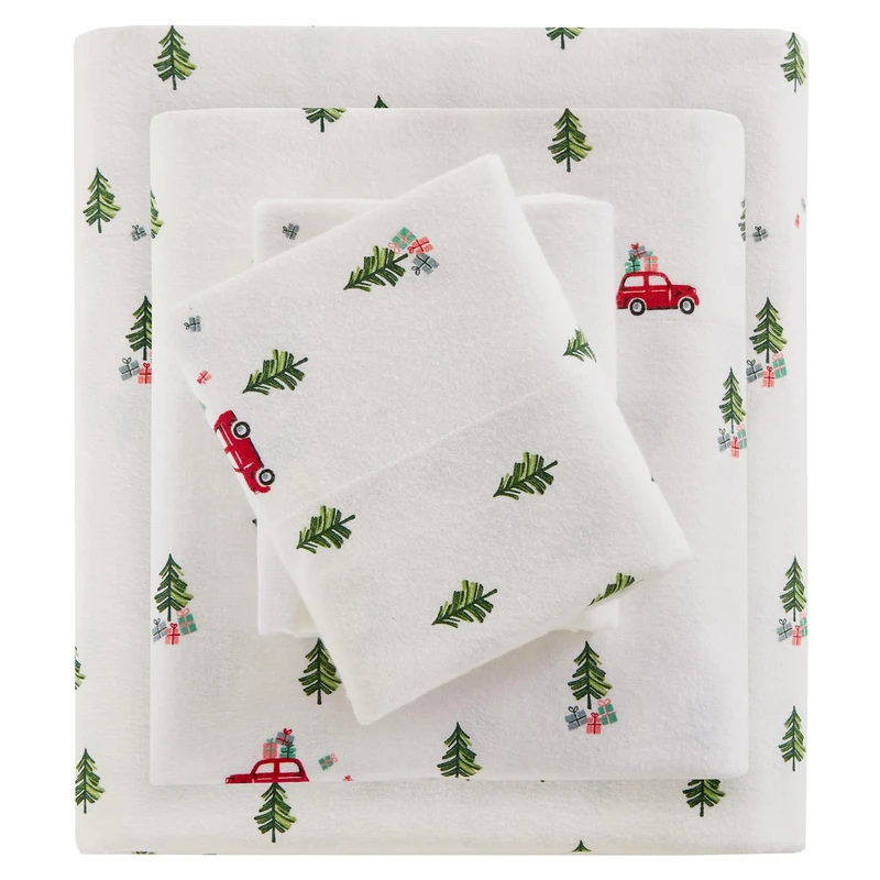 WOOLRICH Cotton Sheet Set Cottage Charms Print, 100% Cotton Flannel Sheets Warm & Fuzzy Bedding Set King Size Sheets, Fitted Pocket Fits Up to 14" Mattress, King Green Tree Trip 4 Piece - Image 1