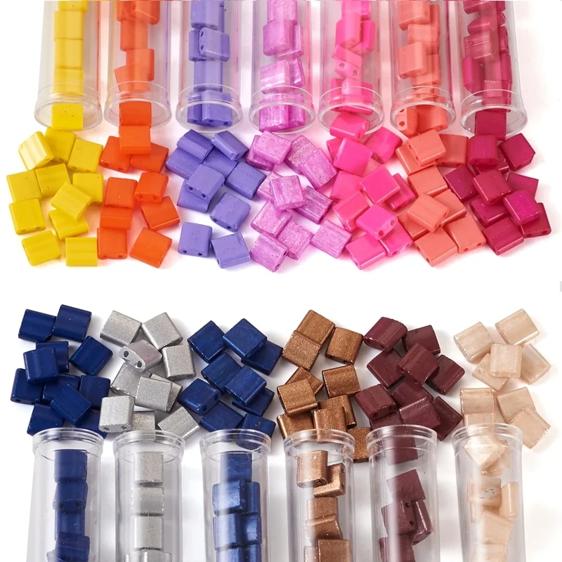 Beadthoven 260pcs 2-Hole Glass Seed Beads Rectangle Tila Beads Flat Square Two Hole Carrier Beads for Multi-Strand Bracelet Necklace Jewelry Making, Hole: 0.5~0.8mm