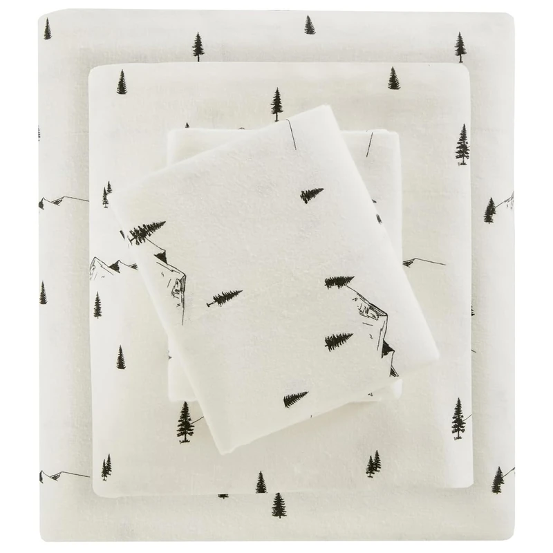 WOOLRICH Sheet Warm & Breathable Cotton Flannel Bedding Bed Sheets, All Elastic Pocket Sheet Set Fits Up to 14'' Mattress, All Season, Lightweight, Soft Cotton Sheets, Queen Black Pine Trees 4 Piece