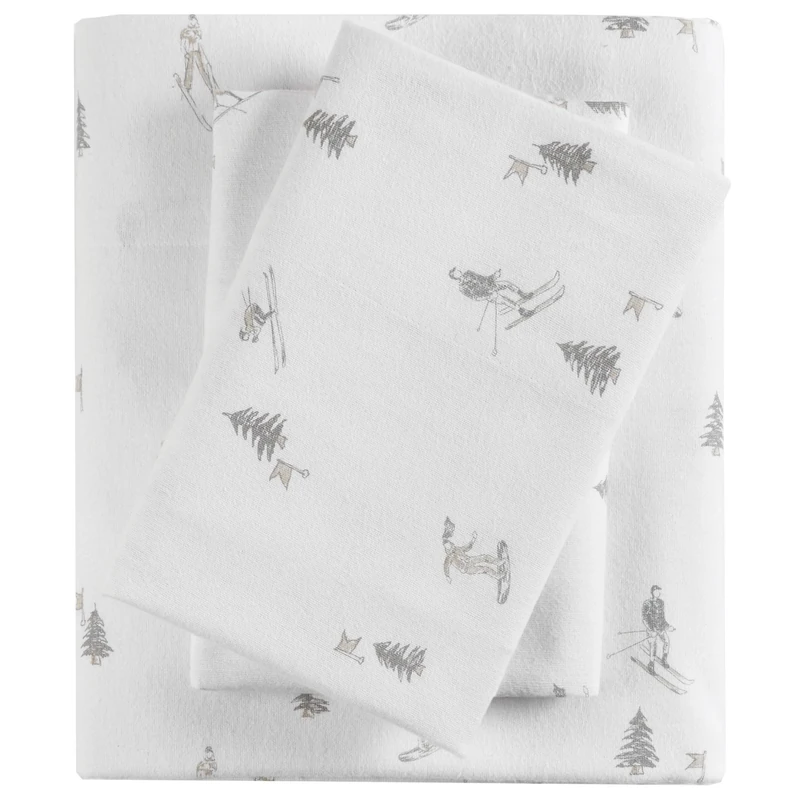 SLEEP PHILOSOPHY True North Flannel Sheets Queen Size, Cozy 100% Cotton Flannel Bed Sheets, Ultra Soft Cute Sheet Set, Elastic Pocket Fits Up to 14" Mattress, Skiiers 4 Piece