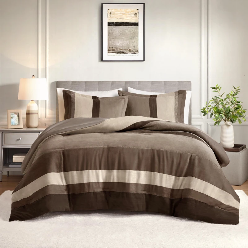 Comfort Spaces King Comforter Set, 3 Piece Luxe Microsuede, Pieced Design Color Block Stripes Bedding Comforter Sets, All Season Soft Brushed Microfiber Reverse, Matching Shams, King/Cal King, Neutral