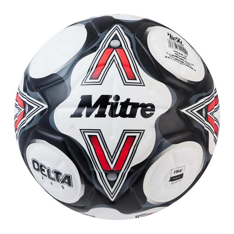 Mitre Delta Football | Highly Durable | Enhanced Accuracy and Consistency, White/Black/Bib Red, 4