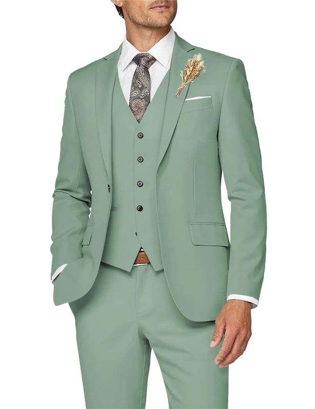 Wangyue Mens Suit 3 Piece Slim Fit Suit for Men Formal Business Suit Wedding Groom Prom Tuxedo Dinner Party, Sage Green, L