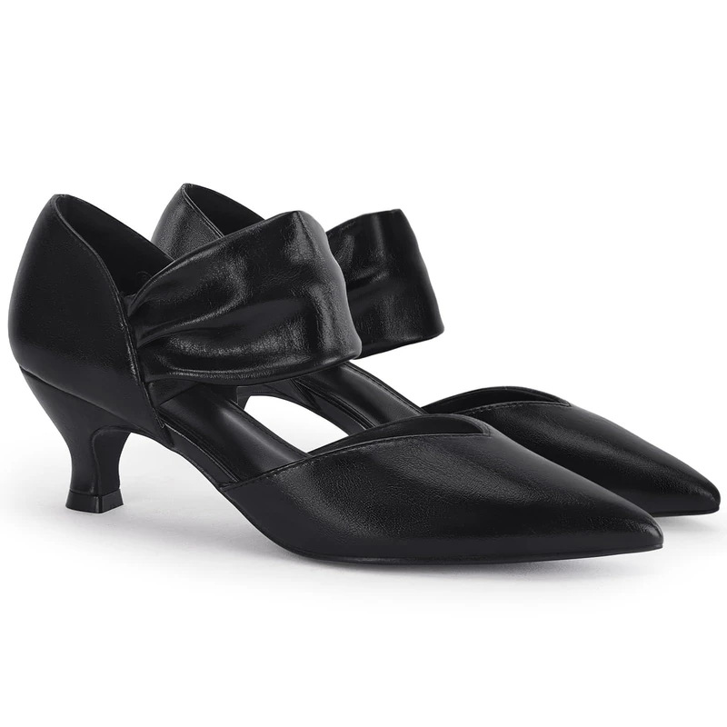Coutgo Womens Low Kitten Heel Dress Shoes Pointed Toe Slip on Ankle Strap Cutout Elegant Party Wedding Pumps, Cool Black, 5.5 UK