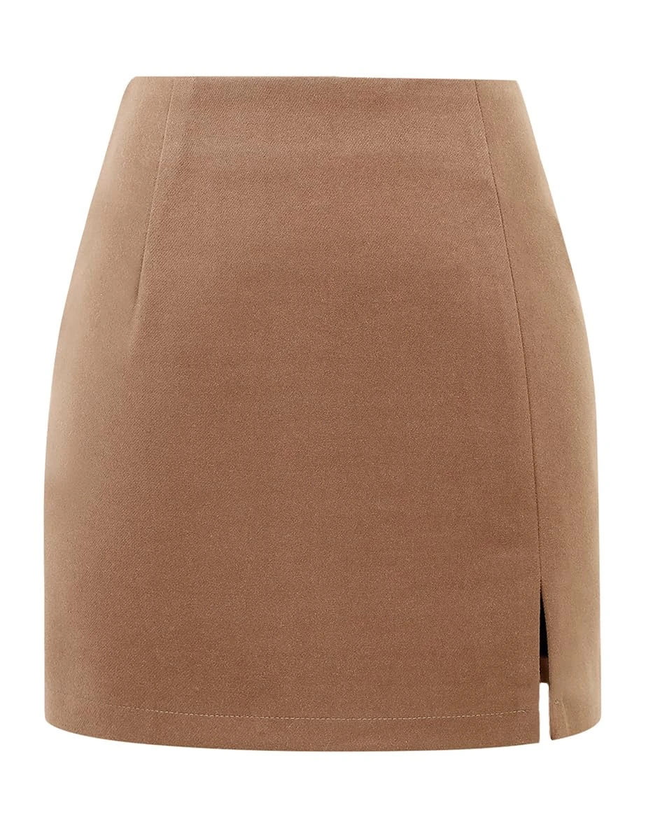 Plaid Mini Skirts for Womens High Waisted Fall Winter Wool Bodycon Pencil Skirts with Slit, Pure Camel, XXL