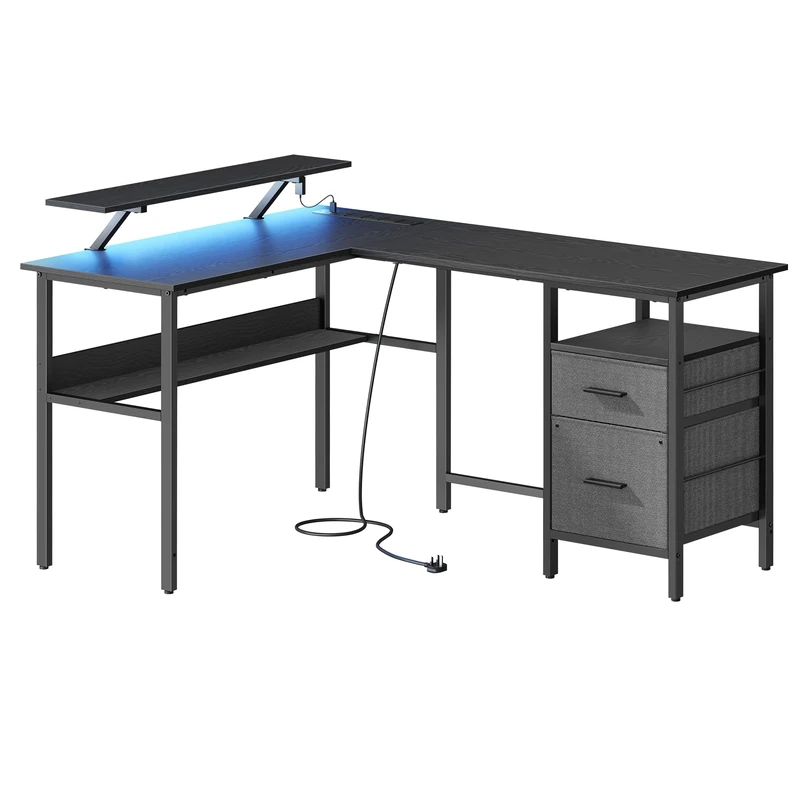 VASAGLE L-Shaped Desk with Power Outlets, Corner Desk, Computer with Monitor Shelf, Gaming with LED Lights, 2 Drawers, 2 USB Ports, Easy to Assemble, for Home Office, Ebony Black LWD095B02