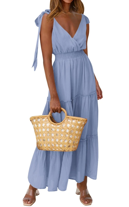 PRETTYGARDEN Women's Cross Neck Summer Sleeveless Tiered Maxi Dress Beach Tie Strap Smocked Long Dresses Pleated Sundress, Grey Blue, S