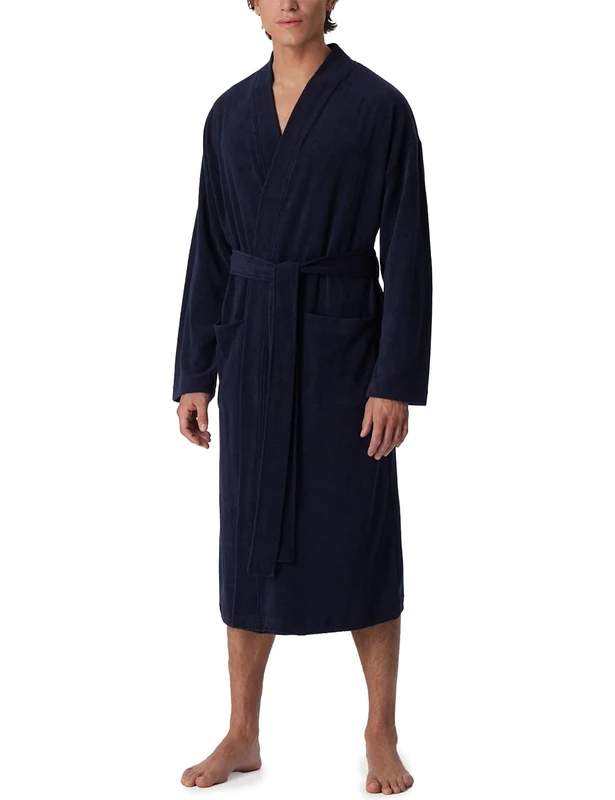 Schiesser Men's Bathrobe 125 cm Length Light Terry Cloth Organic Cotton, Dark Blue_181536, L