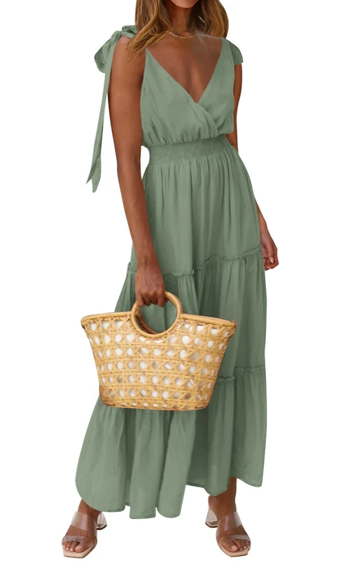PRETTYGARDEN Women's Cross Neck Summer Sleeveless Tiered Maxi Dress Beach Tie Strap Smocked Long Dresses Pleated Sundress, Sage Green, S