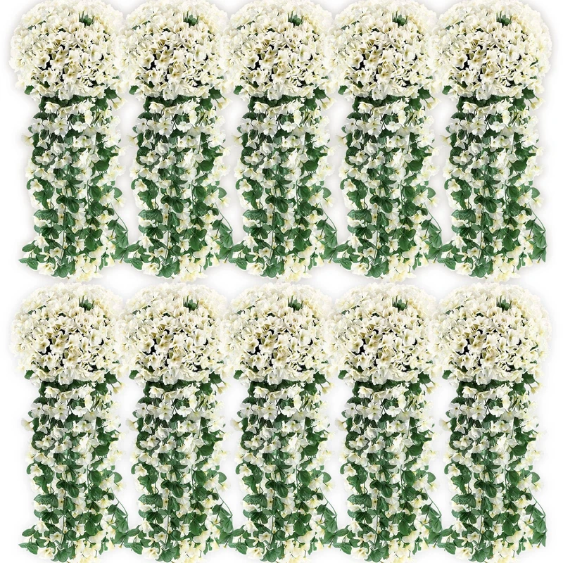 Yuxung 10 Pack Artificial Hanging Flowers Fake Hanging Plants Violet Ivy Fake Hanging Plant for Wall Home Patio Room Garden Wedding Indoor Outdoor Fall Decoration (White)