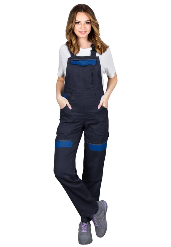 Women's CORTON-L-B Protective Dungarees - 100% Cotton, 260g/m², Adjustable, Reflective Elements, Multi-Pocket Design, Color: navy blue - blue, Size 36