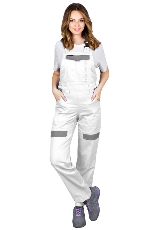 Women's CORTON-L-B Protective Dungarees - 100% Cotton, 260g/m², Adjustable, Reflective Elements, Multi-Pocket Design, Color: white - grey, Size 36