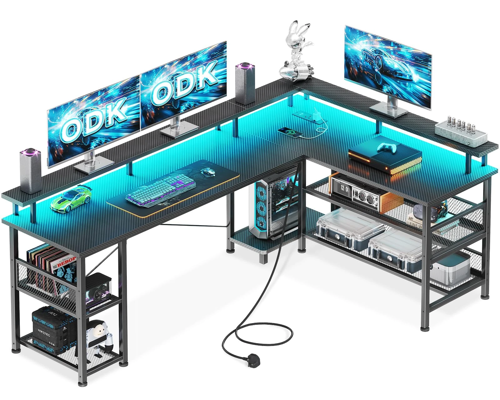 ODK L Shaped Gaming Desk with LED Lights & Power Outlets, 168×120cm Reversible Corner Desk with Storage Shelves, Computer Desks with Monitor Stand, Carbon Fiber Black