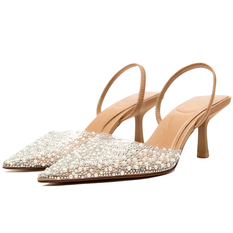 YIYA Women's Clear Slingback Heels with Pearl Studded Pointed Toe Kitten Mid Heels Sparkly Rhinestone Slip On Wedding Party Shoes, Beige, 4 UK