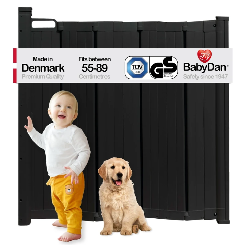 BabyDan Guard Me, Auto Retractable Stair Gate, Fits openings between 55-89 cm, Black, Made in Denmark - Baby Gate/Safety Gate (Pet Gate/Dog gate)