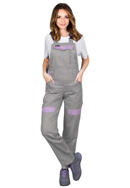 Women's CORTON-L-B Protective Dungarees - 100% Cotton, 260g/m², Adjustable, Reflective Elements, Multi-Pocket Design, Color: light grey - heather, Size 42